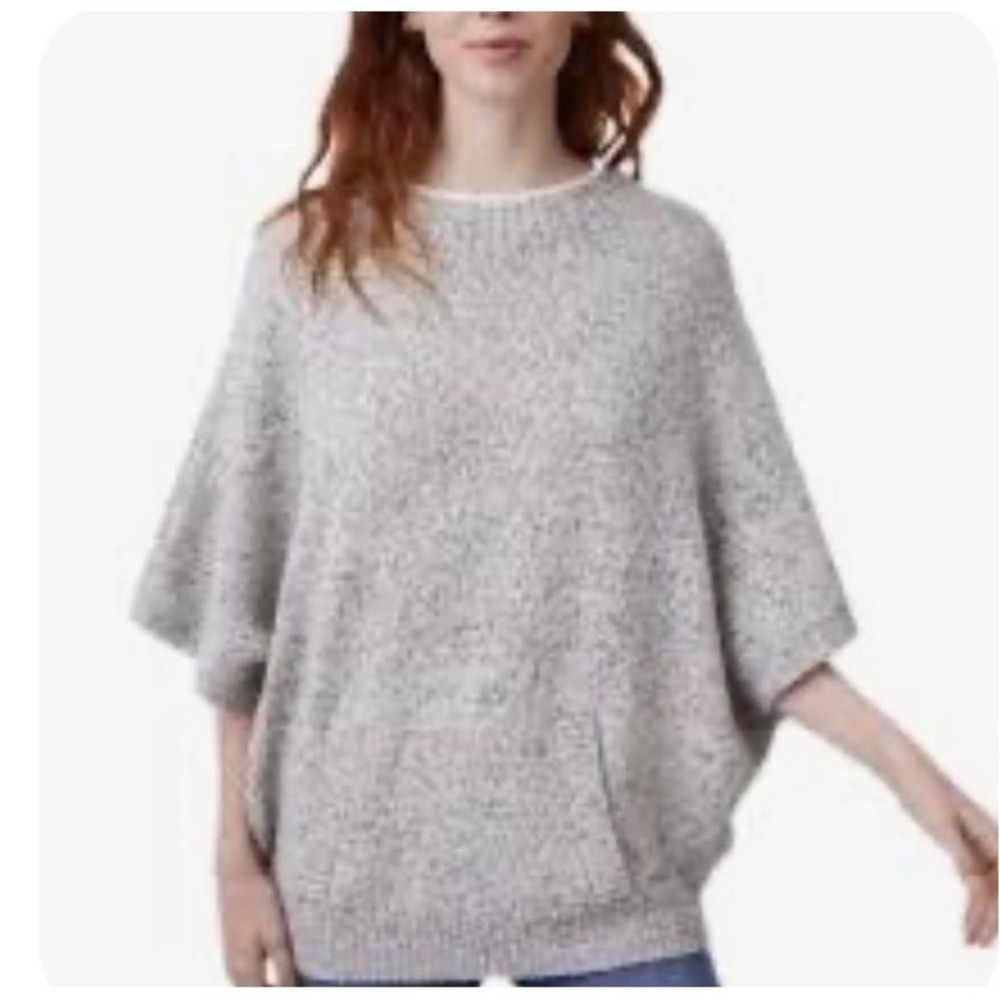 Lou & Grey Womens Grey Marled Mock Neck Poncho Sweater Kangaroo Pocket XS S